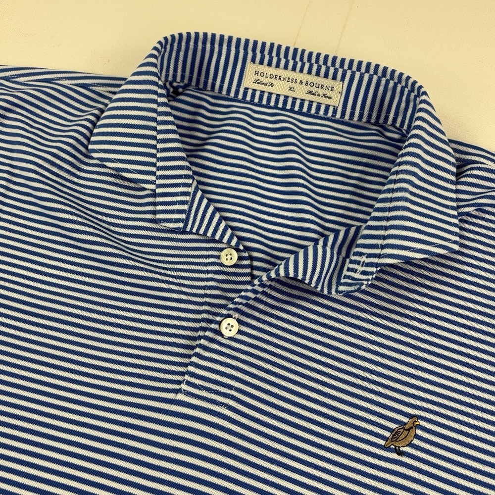 Holderness & Bourne Polo Shirt Mens XL Blue Striped Stretch Short Sleeve Quail